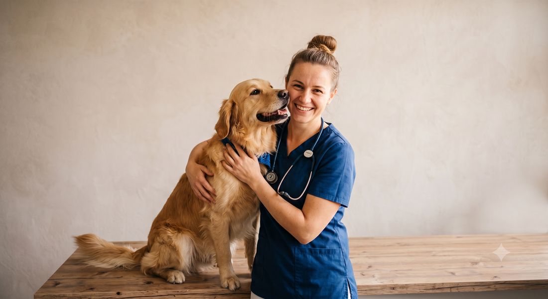 Usmievavá veterinárka so zlatým retrívrom