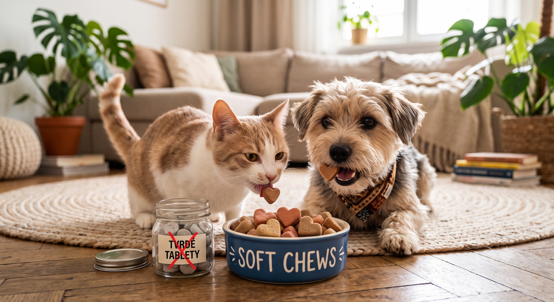 Mačka a pes pri miske ako jedia chutné soft chews