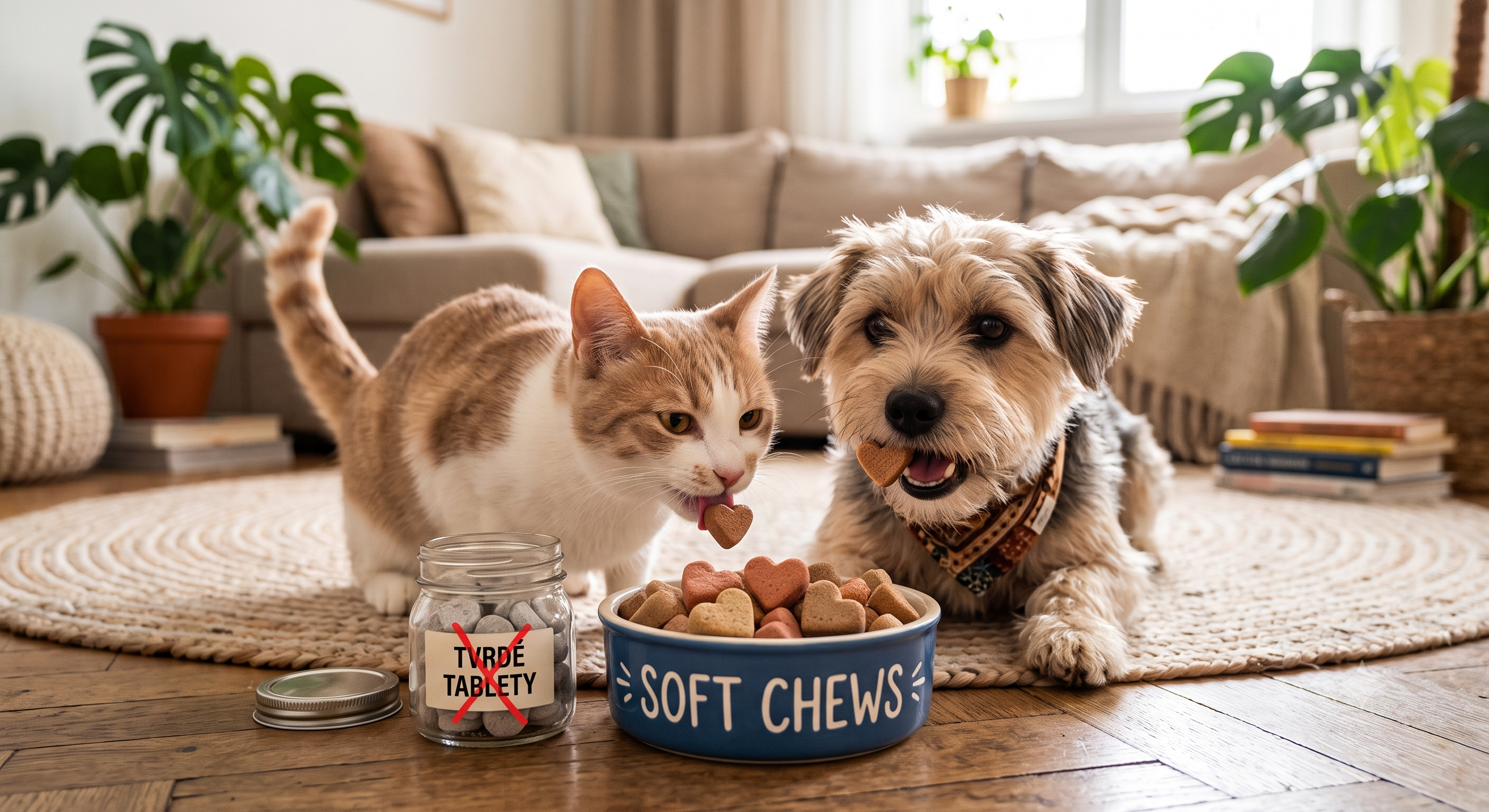 Mačka a pes pri miske ako jedia chutné soft chews